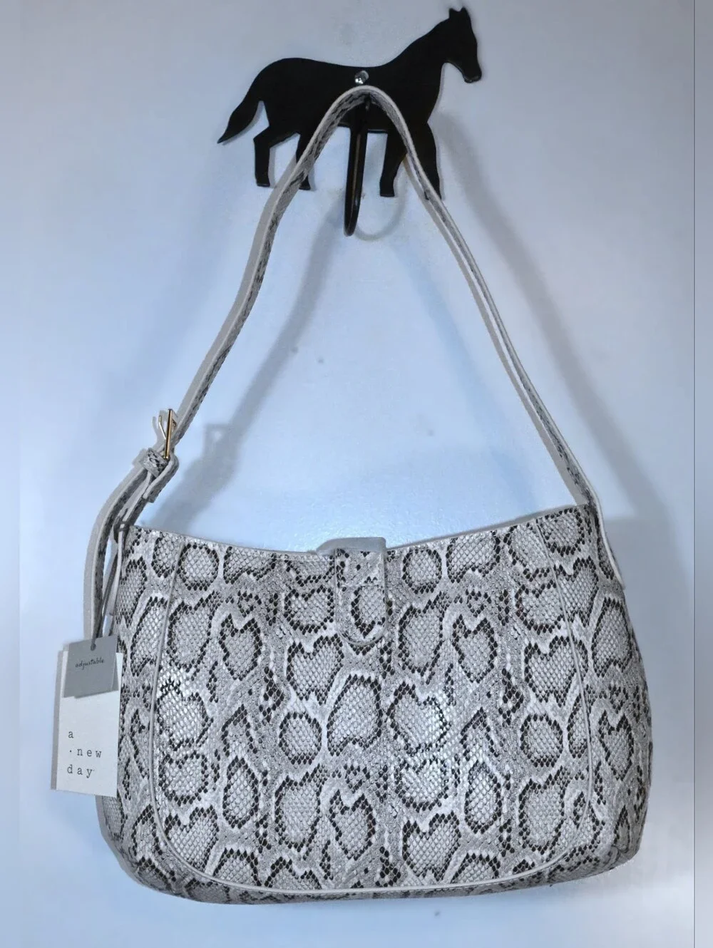 NWT A New Day Faux-Leather Snake-Print Baguette Shoulder Bag GrayBlack Monochrom